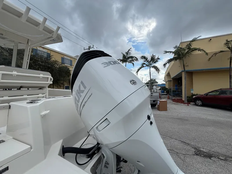 Slide: The Image of 2025 Sailfish 232 CC boat with Suzuki outboard motor in a tropical setting. - 3