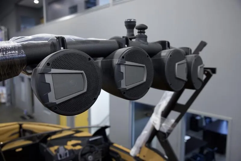 Slide: The Image of 2025 Axis T235 boat speakers mounted on a wakeboard tower. - 11