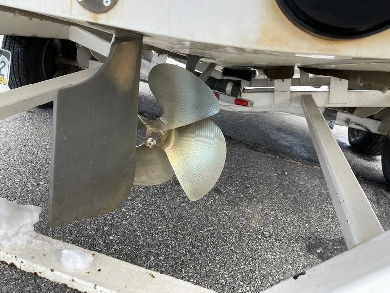 Slide: The Image of Close-up of 2001 MasterCraft X30 boat propeller and rudder on trailer. - 33
