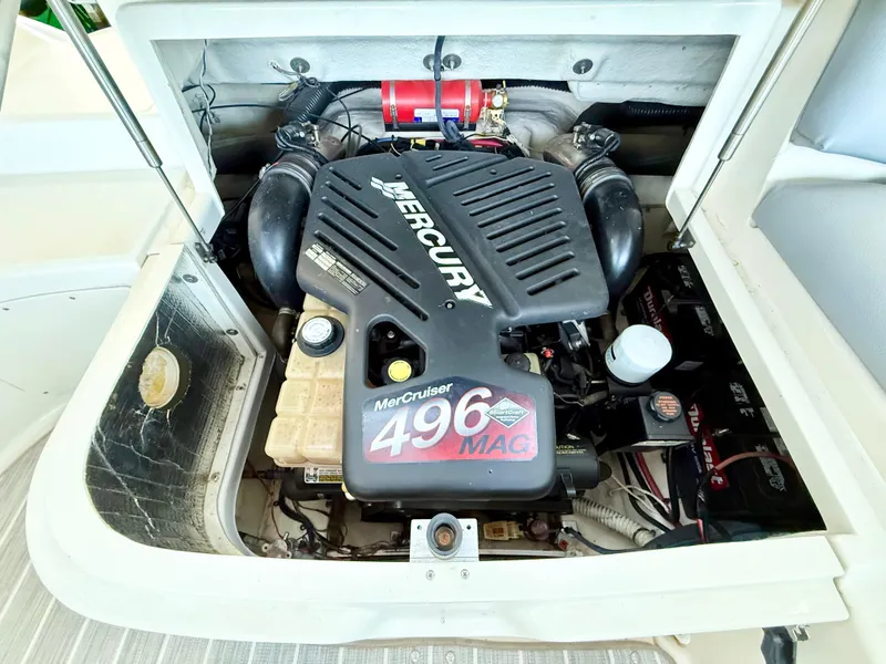 Slide: The Image of Engine compartment of a 2003 Sea Ray 270 Sundeck with MerCruiser 496 MAG engine. - 26
