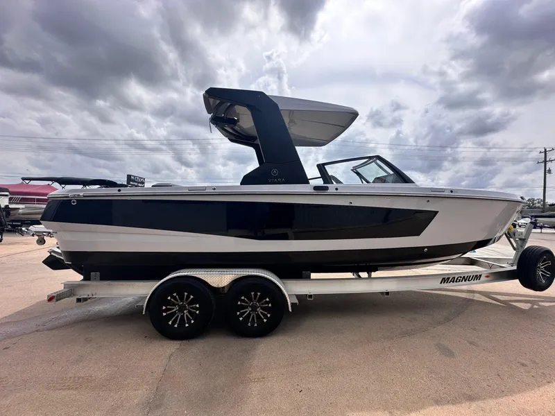 Slide: The Image of 2024 Aviara AV28 boat on trailer under cloudy sky. - 5