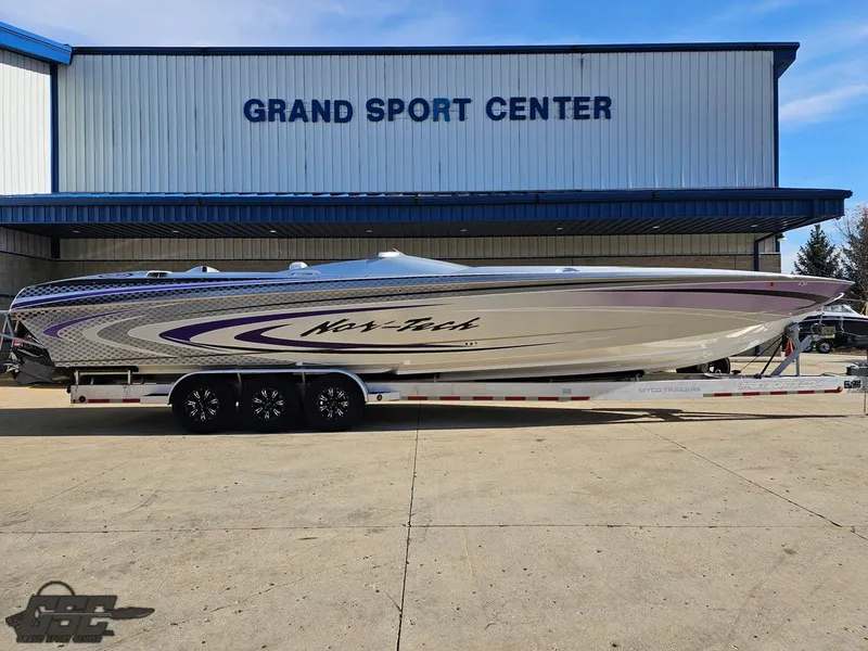 Slide: The Image of 2007 Nor-Tech 3900 Super-VEE boat on trailer at Grand Sport Center. - 3