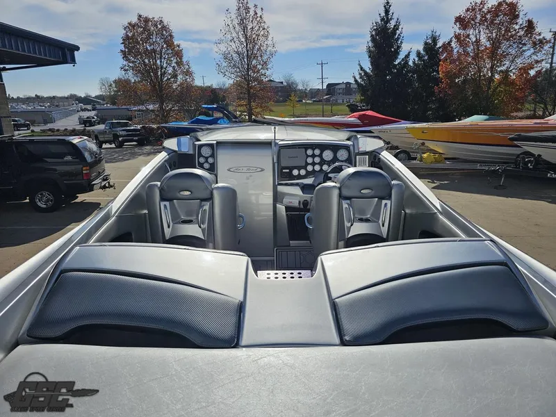 Slide: The Image of 2007 Nor-Tech 3900 Super-VEE boat interior with sleek seating and control panel. - 38