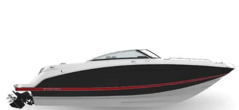 Slide: The Image of 2025 Four Winns HD 3 Sterndrive boat, sleek black and white design with red accents. - 1
