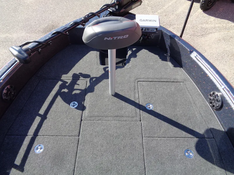 Slide: The Image of 2025 Nitro ZV19 Sport Pro boat deck with Garmin equipment. - 12