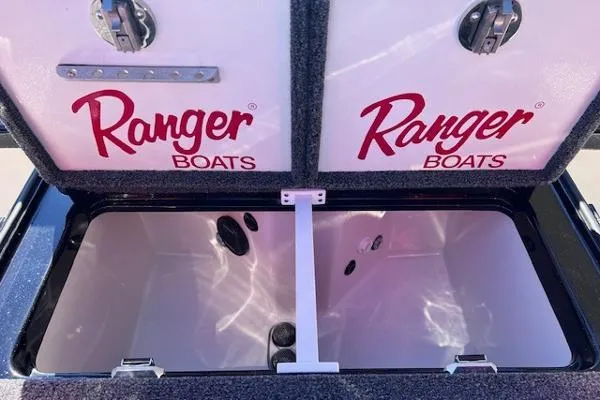 Slide: The Image of 2025 Ranger Z521R Cup-Equipped boat storage compartment with dual Ranger Boats logos. - 13
