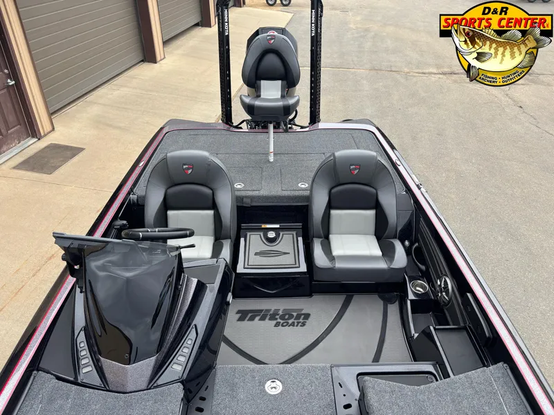 Slide: The Image of 2025 Triton 21XP boat interior with dual seats, steering console, and D&R Sports Center logo. - 6