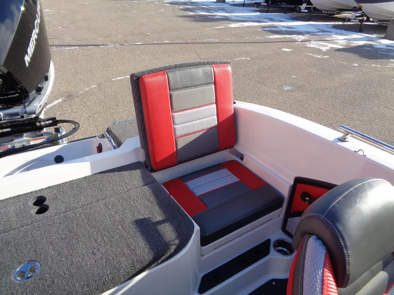 Slide: The Image of 2025 Ranger 2050MS boat interior with red and gray seating. - 13