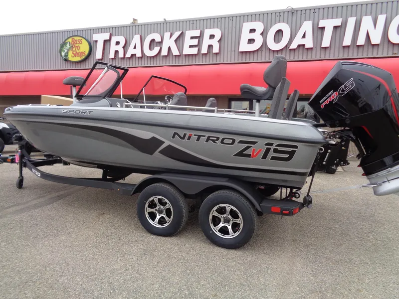 Slide: The Image of 2025 Nitro ZV19 Sport boat on trailer at Tracker Boating Center. - 1