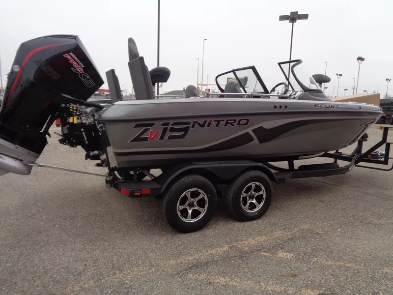 Slide: The Image of 2025 Nitro ZV19 Sport boat on trailer, side view. - 4