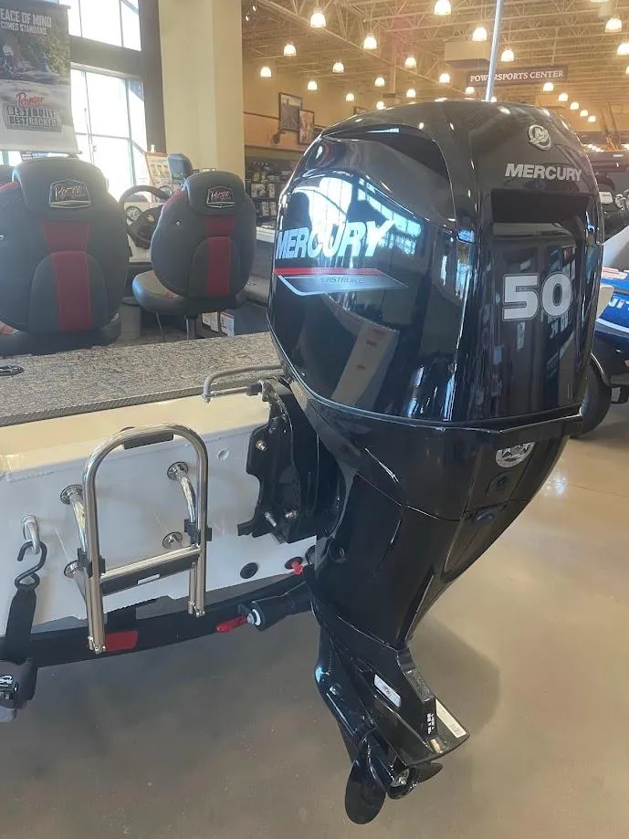 Slide: The Image of 2025 Ranger VS1665SC boat with Mercury 50HP outboard motor in showroom. - 3