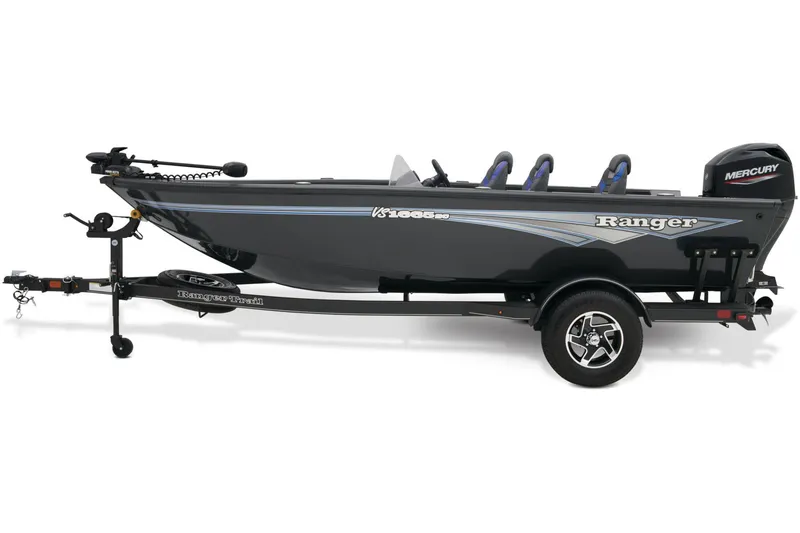 Slide: The Image of 2025 Ranger VS1665SC boat with Mercury engine, parked on a trailer in a marina. - 6