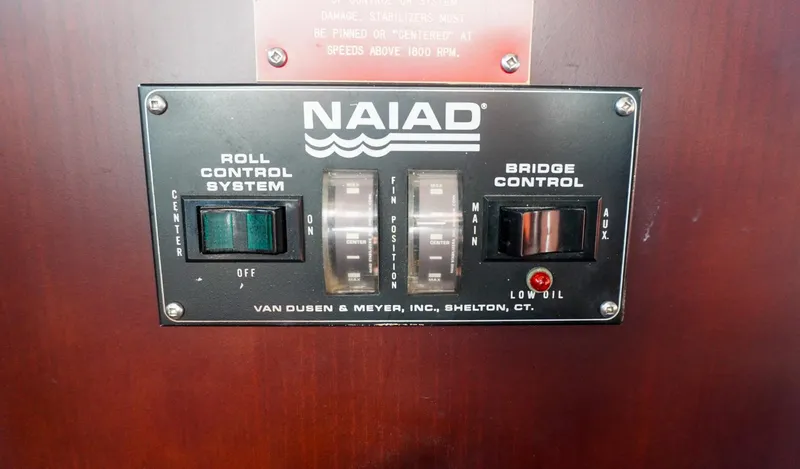 Slide: The Image of Naiad control panel on 1990 Hatteras 62 Cockpit Motor Yacht, featuring roll and bridge controls. - 18