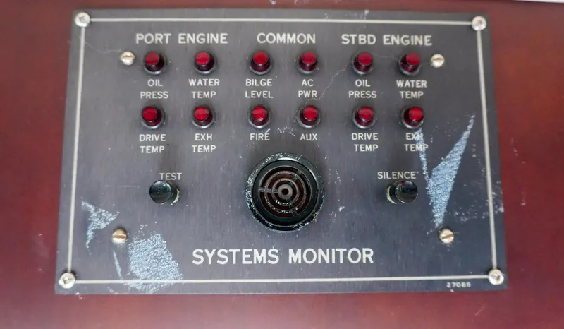 Slide: The Image of Control panel of a 1990 Hatteras 62 Cockpit Motor Yacht systems monitor. - 19