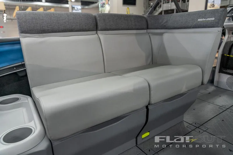 Slide: The Image of 2024 Sea-Doo SWITCH Cruise 21 interior seating, gray upholstery, spacious design. - 26