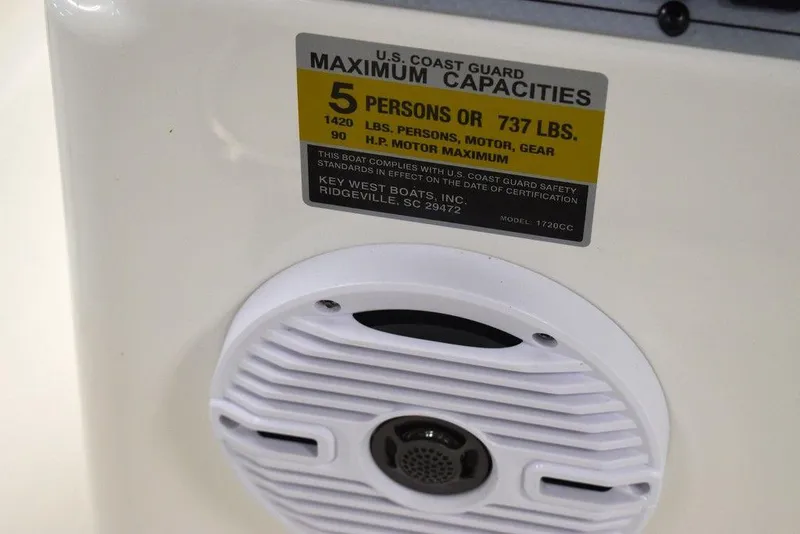 Slide: The Image of Key West 1720 CC 2025 boat capacity label, 5 persons or 737 lbs limit. - 35