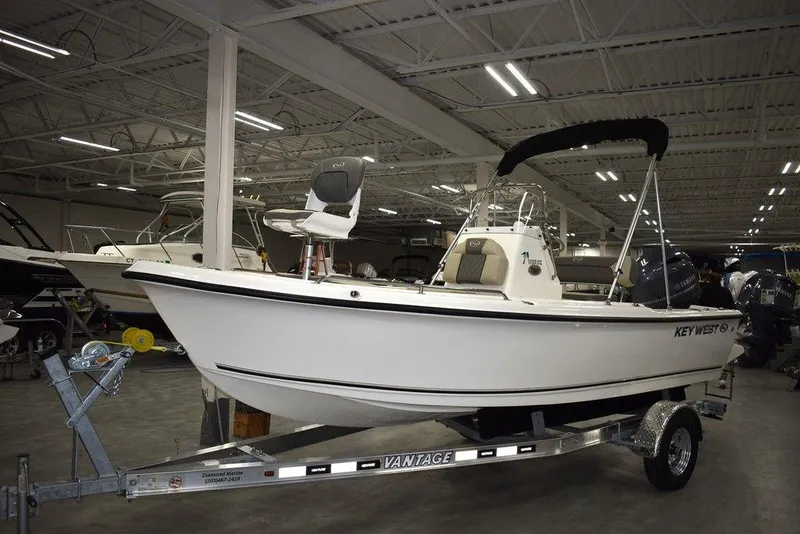 Slide: The Image of 2025 Key West 1720 CC boat on trailer in showroom. - 45