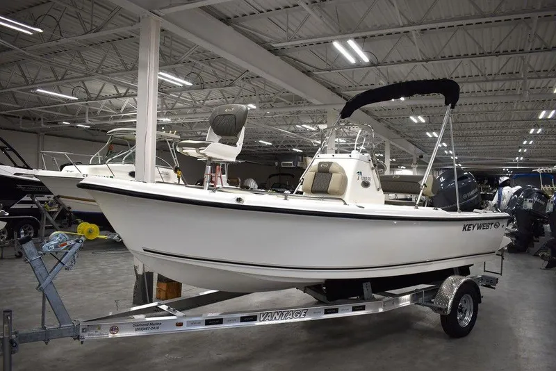 Slide: The Image of 2025 Key West 1720 CC boat on trailer in showroom. - 46