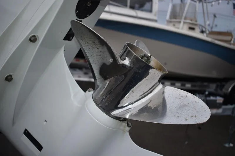Slide: The Image of Close-up of a 2022 Carolina Skiff 19 LS boat propeller. - 42