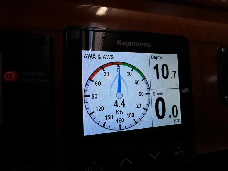 Slide: The Image of Raymarine display on 2004 Beneteau Oceanis Clipper 473 showing depth and speed. - 42