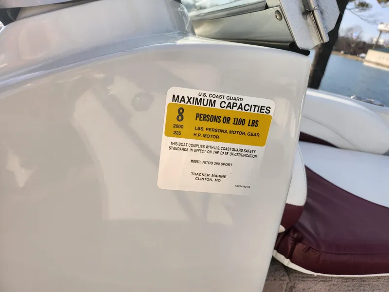 Slide: The Image of 2013 Nitro 290 Sport boat capacity label, max 8 persons or 1200 lbs. - 15