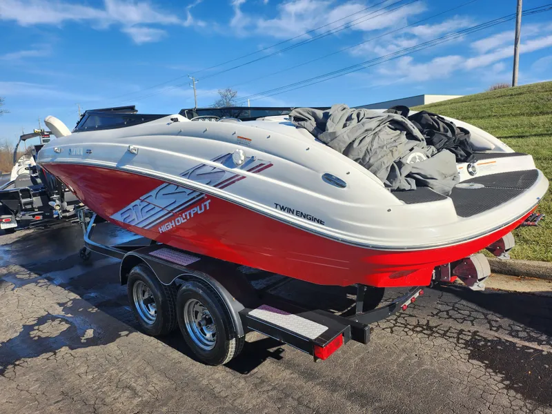 Slide: The Image of 2008 Yamaha Boats 212SS, red and white, on trailer, twin engine, high output. - 3