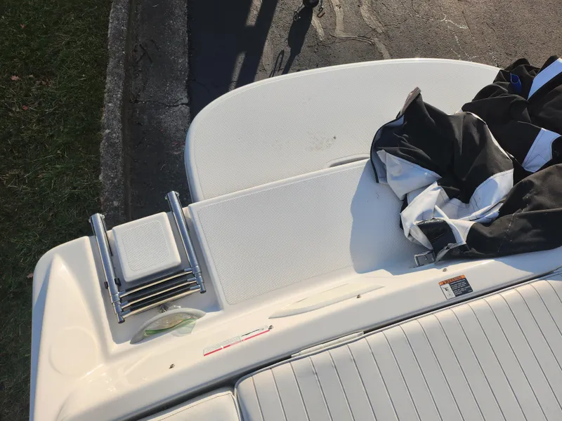 Slide: The Image of Bayliner 225 boat swim platform with ladder, 2007 model, partially covered. - 25
