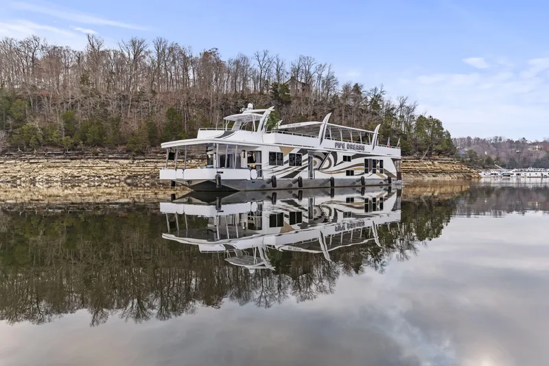 Slide: The Image of Houseboat on calm lake, Sharpe 20 x 100, 2009 model, reflecting trees and sky. - 4