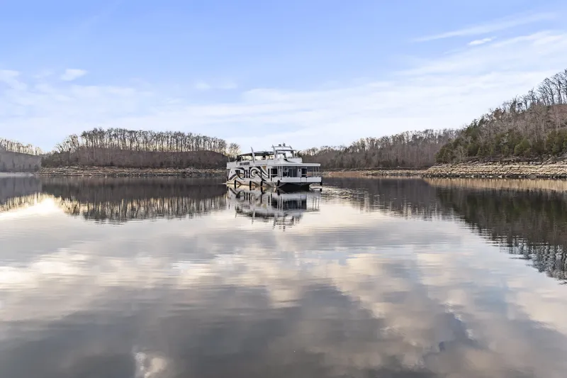 Slide: The Image of Houseboat on calm lake with cloudy sky reflection, Sharpe 20 x 100, 2009 model. - 47