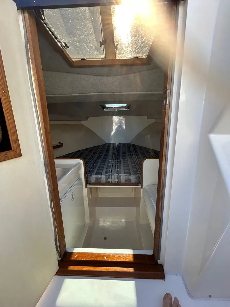 Slide: The Image of Interior cabin of 1988 Bertram 28 Moppie with sunlight through hatch. - 18