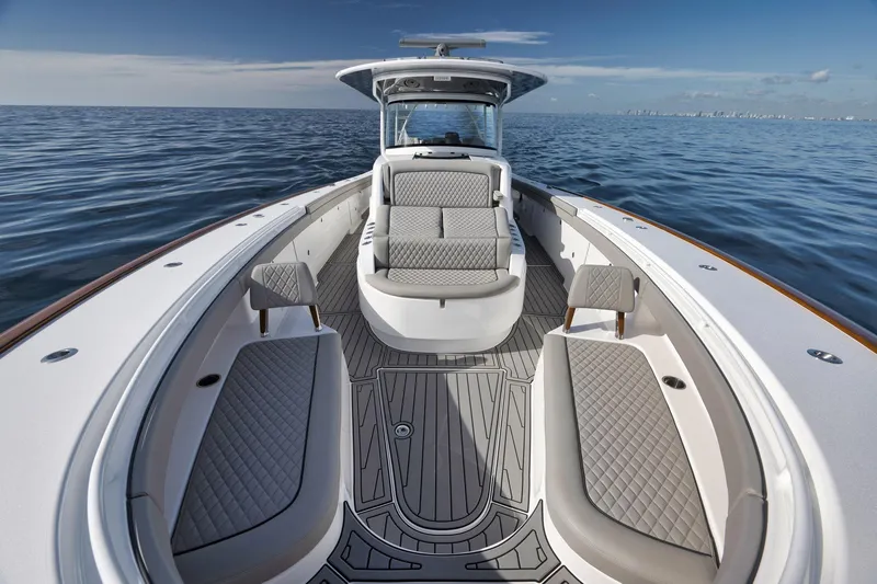 Slide: The Image of 2024 Valhalla Boatworks V-46 luxury boat interior on open water. - 13