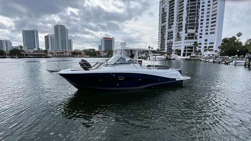 Slide: The Image of 2019 Jeanneau Leader 10.5 boat on water with city skyline background. - 12