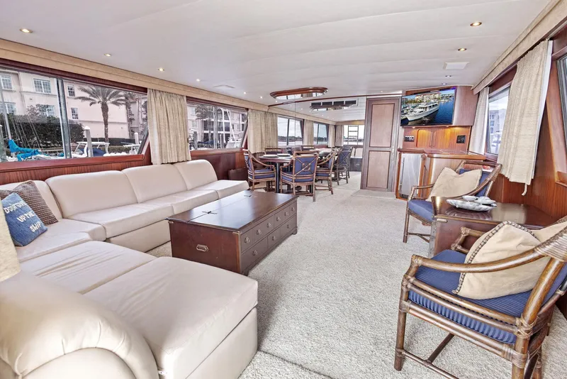 Slide: The Image of Luxurious interior of 1987 Hatteras 68 Cockpit Motor Yacht with elegant seating and dining area. - 15