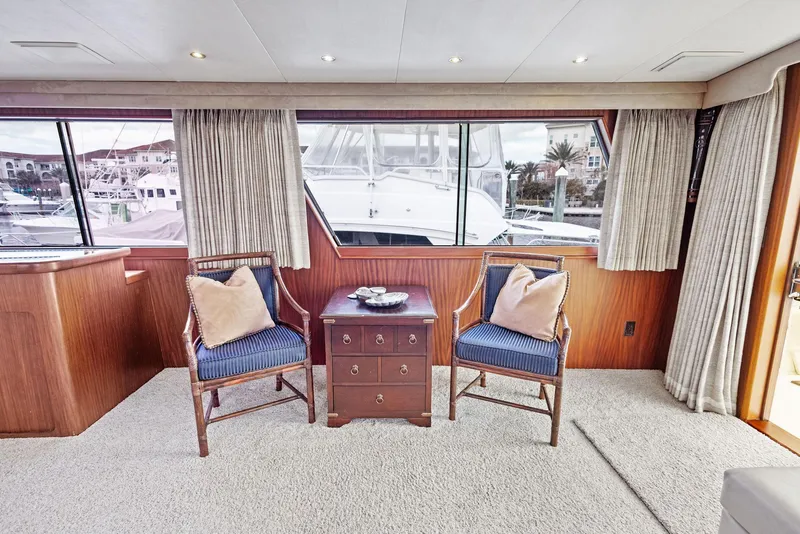 Slide: The Image of Interior of 1987 Hatteras 68 Cockpit Motor Yacht with chairs and window view. - 17