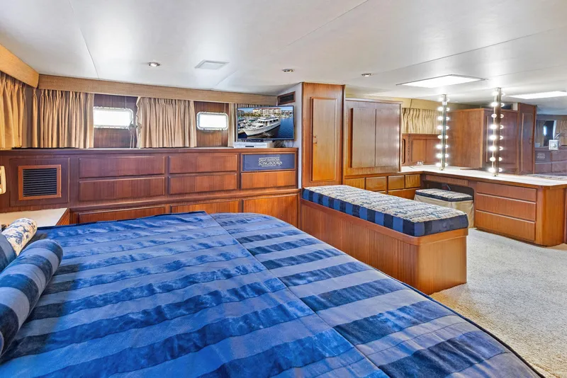 Slide: The Image of Luxurious interior of 1987 Hatteras 68 Cockpit Motor Yacht with elegant wood finishes. - 25