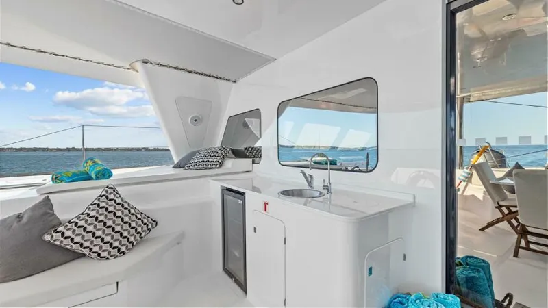 Slide: The Image of Luxurious 2023 Mystique Yachts Silhouette 800 interior with ocean view and modern amenities. - 15