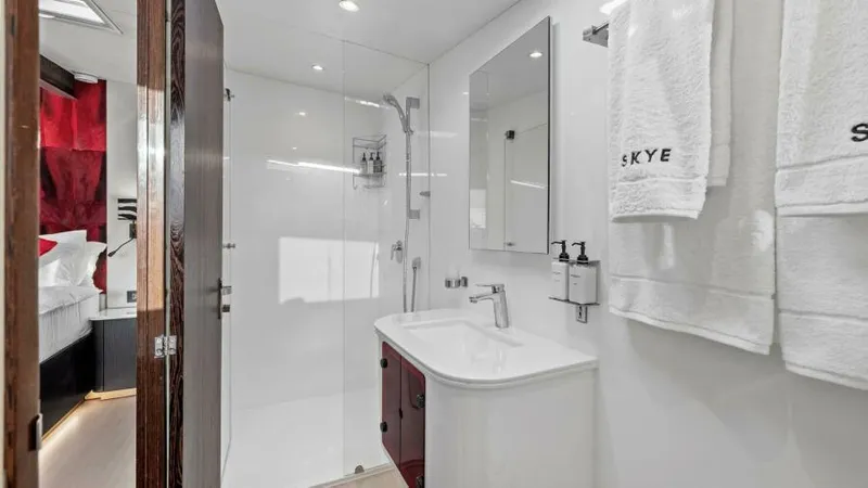 Slide: The Image of Luxurious bathroom in 2023 Mystique Yachts Silhouette 800, featuring modern fixtures and elegant design. - 22