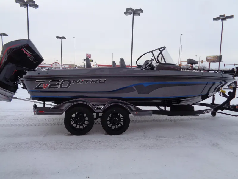 Slide: The Image of 2025 Nitro ZV20 Pro boat on trailer in snowy parking lot. - 4