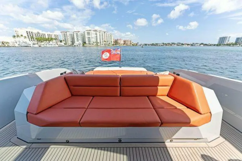 Slide: The Image of Luxury Vanquish VQ58 yacht with orange seating, ocean view, and city skyline in the background. - 16