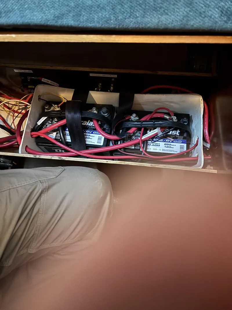 Slide: The Image of Battery compartment of a 1997 Beneteau Oceanis 351 sailboat with wiring and connections. - 27
