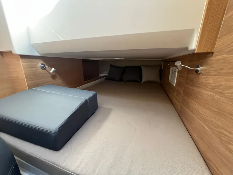 Slide: The Image of Cozy cabin interior of 2025 Nimbus W11 #46 with modern wood paneling and lighting. - 45