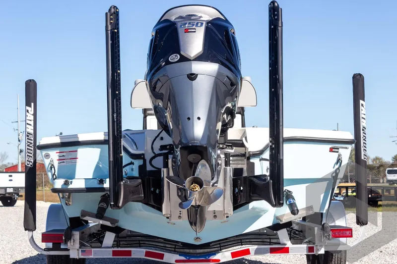 Slide: The Image of 2025 Pathfinder 2300 HPS boat with powerful outboard motor on trailer. - 16