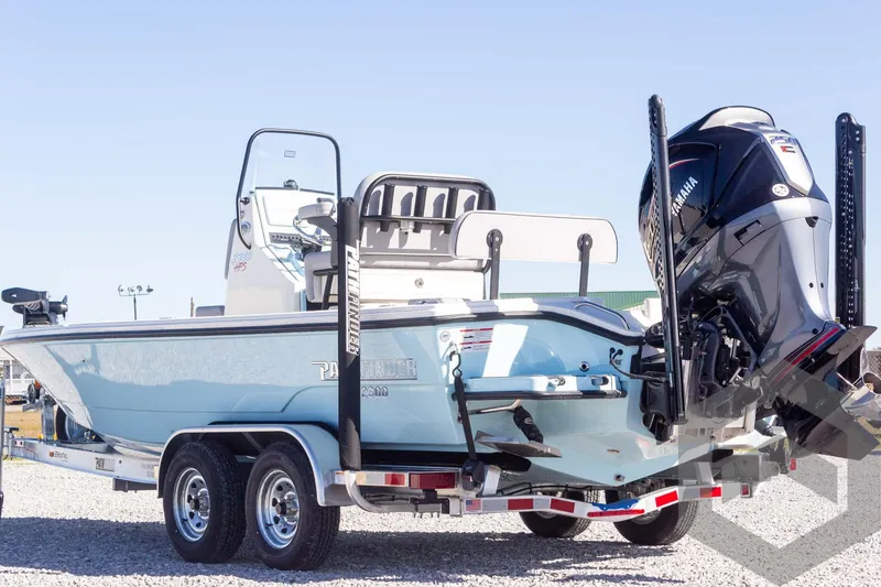 Slide: The Image of 2025 Pathfinder 2300 HPS boat on trailer with Yamaha outboard motor. - 17