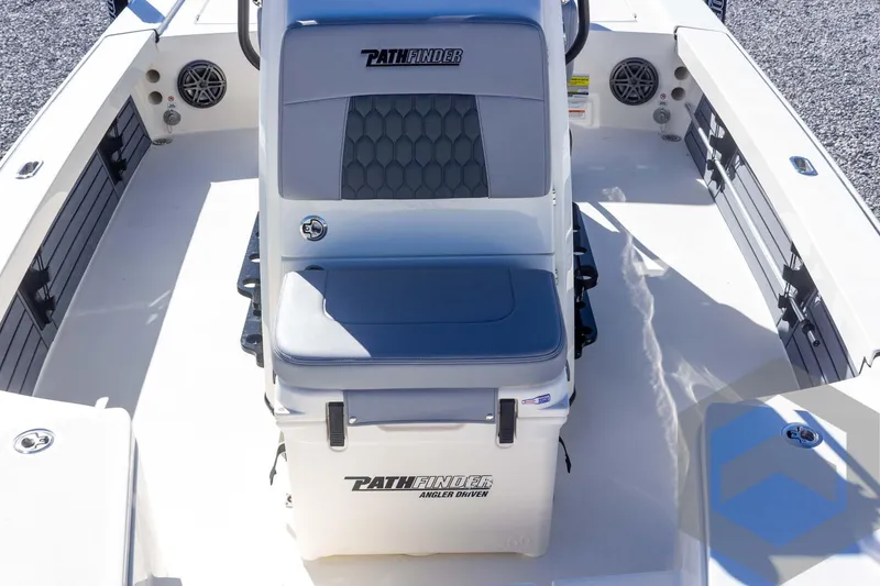 Slide: The Image of 2025 Pathfinder 2300 HPS boat interior with seating and storage. - 45