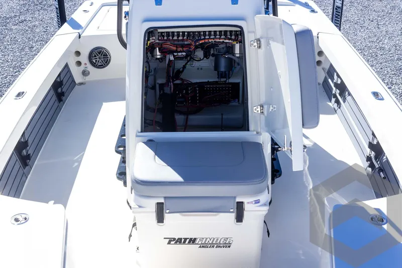 Slide: The Image of 2025 Pathfinder 2300 HPS boat interior with open console showing wiring and storage. - 48