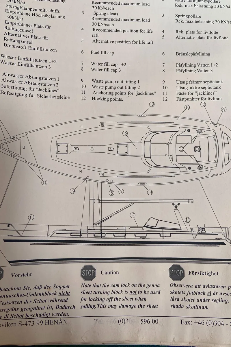 Slide: The Image of Blueprint of Malo 43 sailboat, 2001 model, with labeled parts and safety instructions. - 65