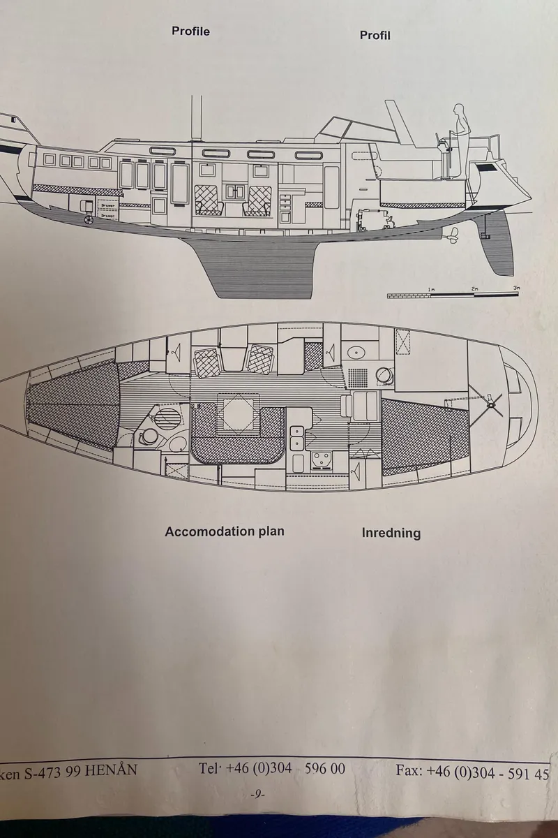 Slide: The Image of Blueprint of 2001 Malo 43 yacht, showing profile and accommodation plan. - 66