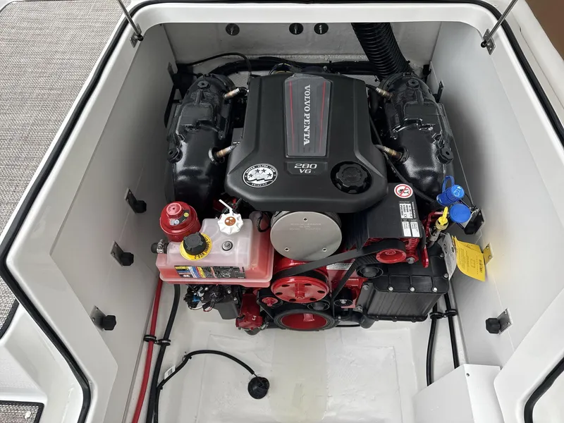 Slide: The Image of 2025 Cobalt CS23 boat engine compartment with Volvo Penta 280 V6 engine. - 15