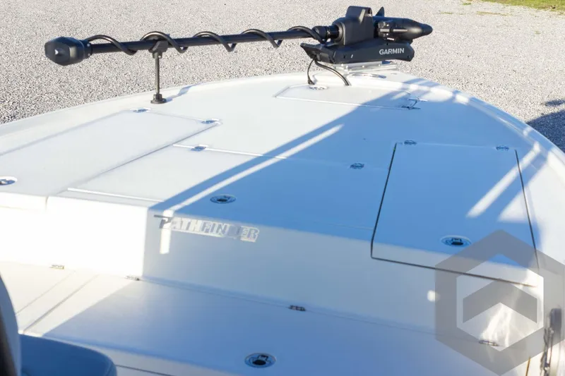 Slide: The Image of 2025 Pathfinder 2500 Hybrid boat deck with Garmin equipment. - 24