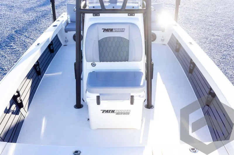 Slide: The Image of 2025 Pathfinder 2500 Hybrid boat interior with seating and storage. - 32